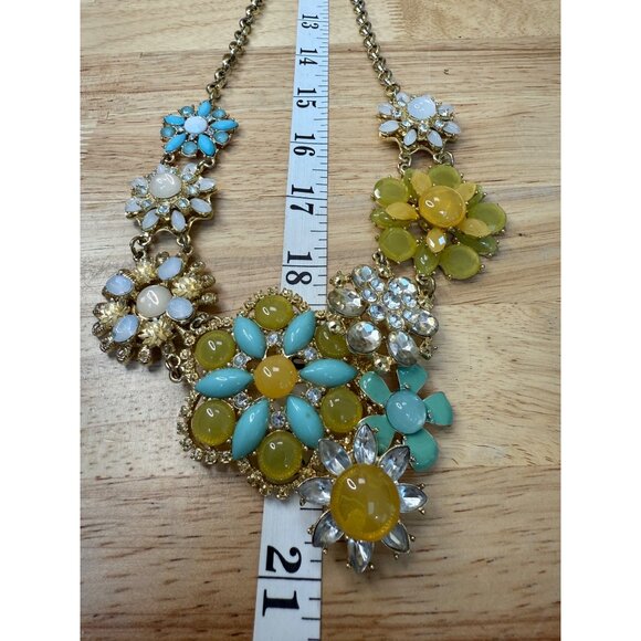 Floral Statement Necklace Yellow & Turquoise Beaded Design Gold Chain Adjustable - Picture 3 of 12